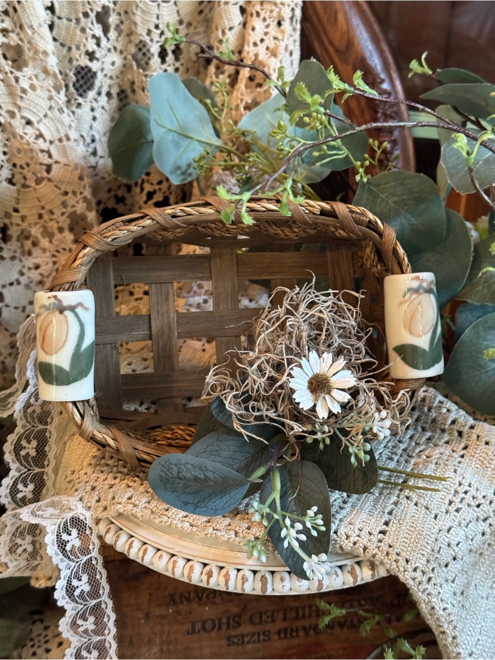 Vintage Brown Woven Basket with White Floral Accents